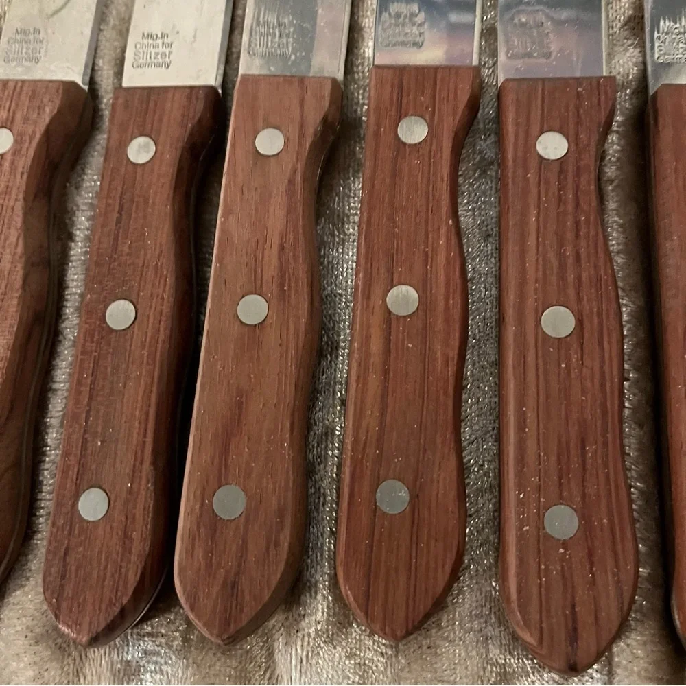 NWOT GERMANY KNIVES STEAK SLITZER Tang Thru Handle 7 Stainless Wooden Handles